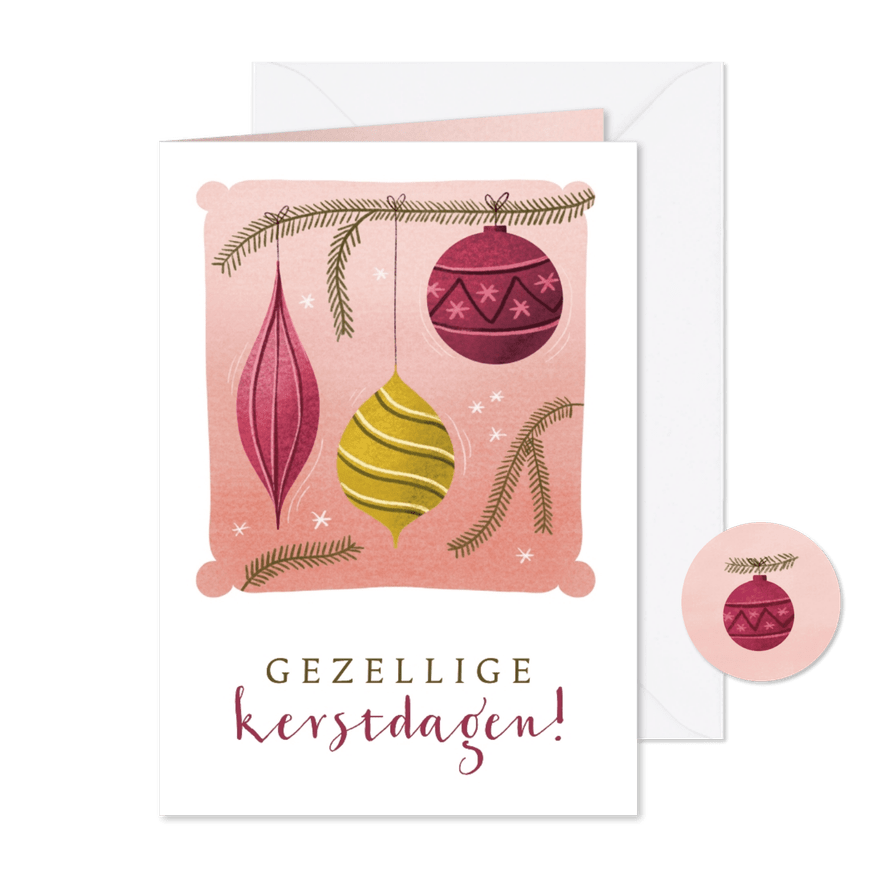 Kerstkaart met vrolijke kerstballen en dennentakken - Kaartimpressie