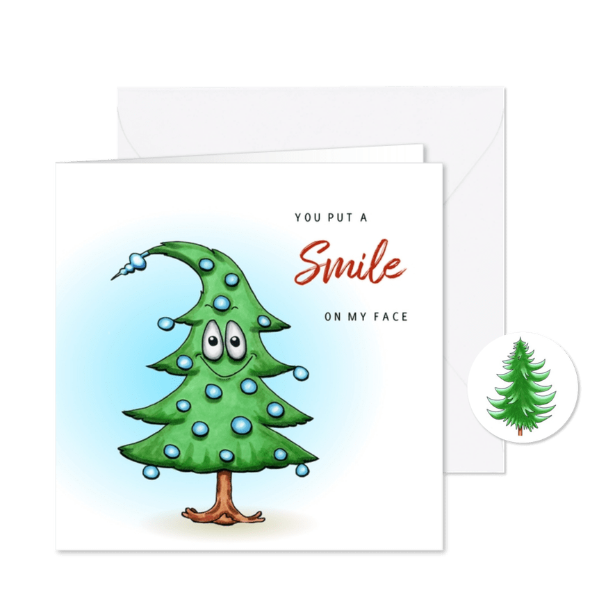 Kerstkaart met vrolijke kerstboom - Kaartimpressie