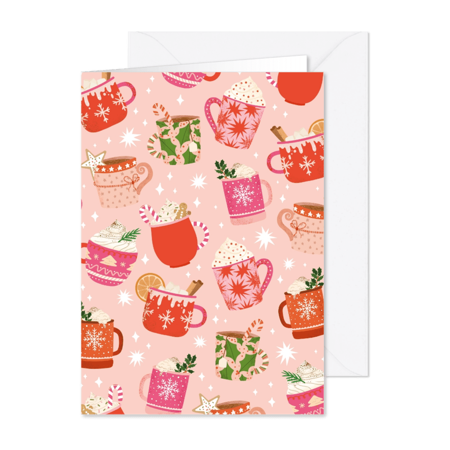 Kerstkaart met vrolijke kerstmokken - Kaartimpressie