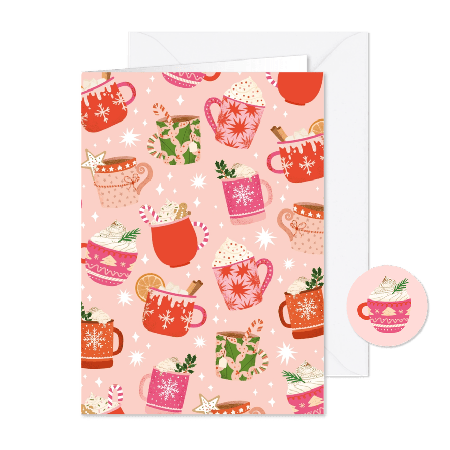 Kerstkaart met vrolijke kerstmokken - Kaartimpressie