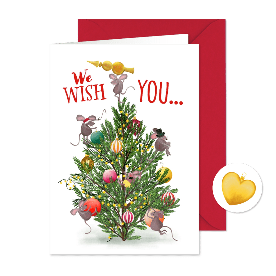 Kerstkaart met vrolijke muizen in een boom - Kaartimpressie