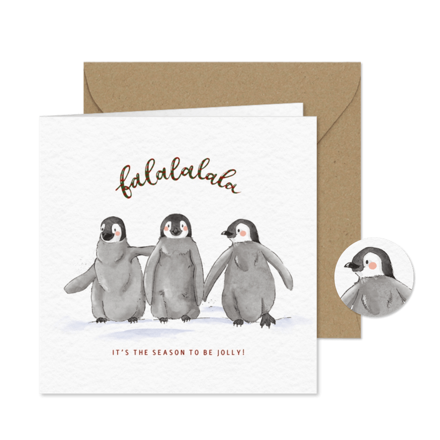 Kerstkaart met waterverf illustratie van drie pinguïns - Kaartimpressie