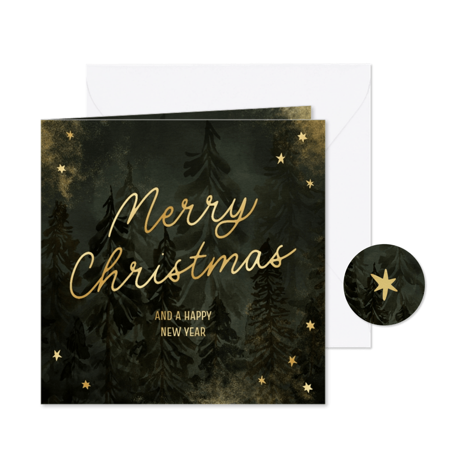 Kerstkaart met waterverf kerstbomen en gouden sterren - Kaartimpressie