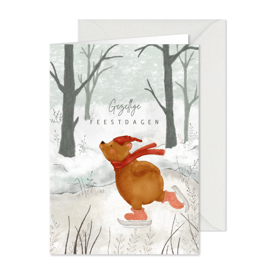 Kerstkaart met winterlandschap en beer op schaatsen - Kaartimpressie