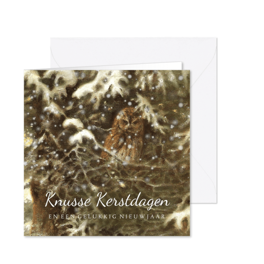 Kerstkaart met winterse uil in bos - Kaartimpressie