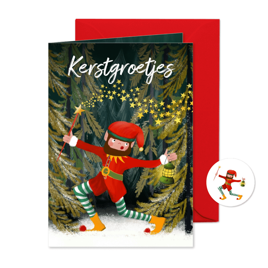 Kerstkaart met zingende elf - Kaartimpressie