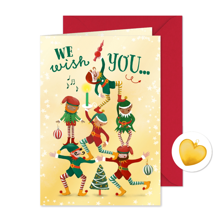 Kerstkaart met zingende elfjes - Kaartimpressie