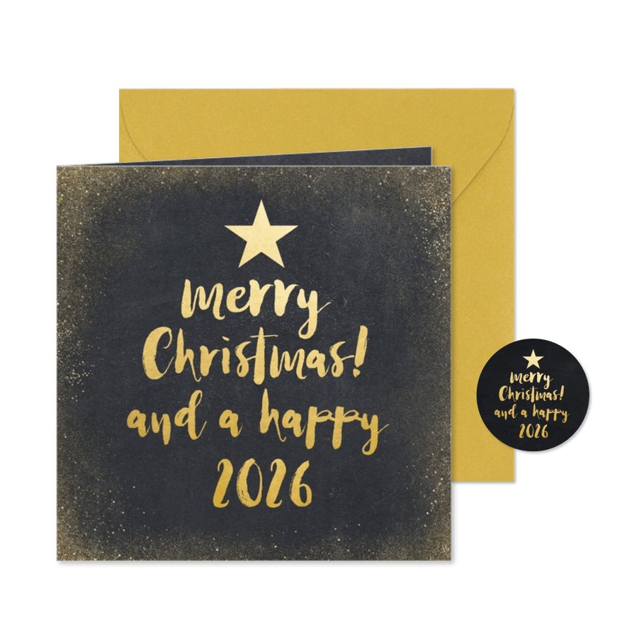 Kerstkaart met zwarte achtergrond en gouden letters - Kaartimpressie