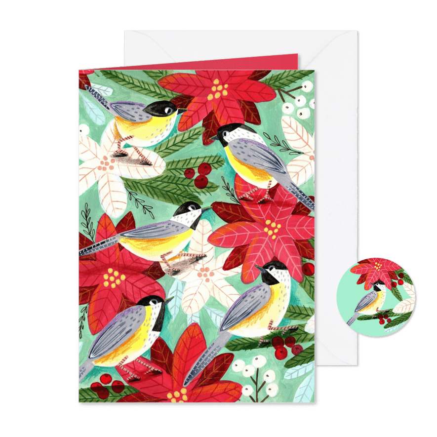 Kerstkaart mezen en kerstbloemen - Kaartimpressie