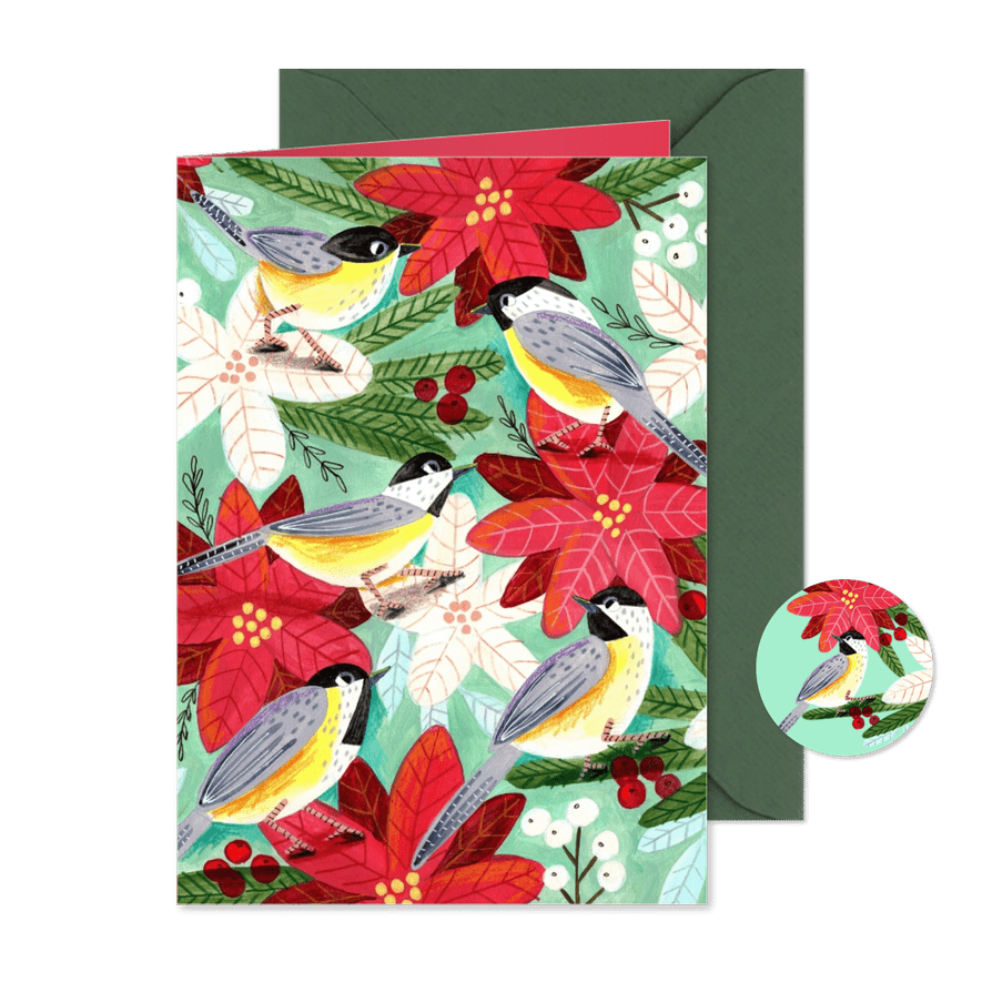  Kerstkaart mezen en kerstbloemen - Kaartimpressie