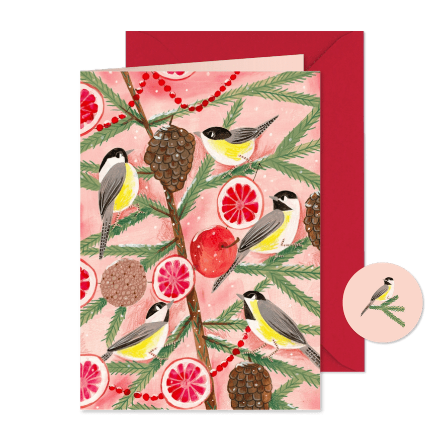Kerstkaart mezen in een kerstboom - Kaartimpressie