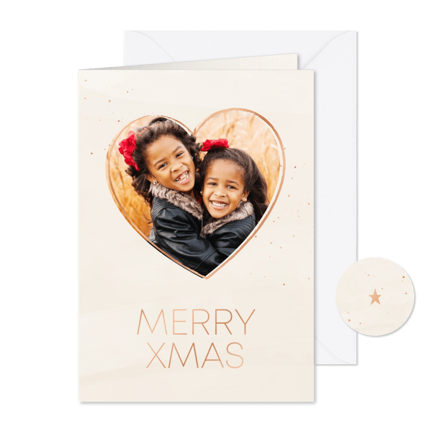 Kerstkaart minimalistisch beige en koper met foto - Kaartimpressie
