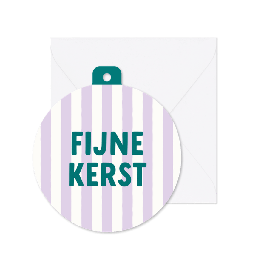 Kerstkaart minimalistisch kerstbalvorm gestreept paars groen - Kaartimpressie