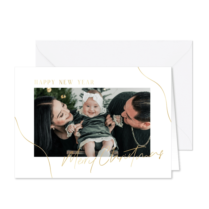 Kerstkaart minimalistisch met grote foto en gouden lijntjes - Kaartimpressie