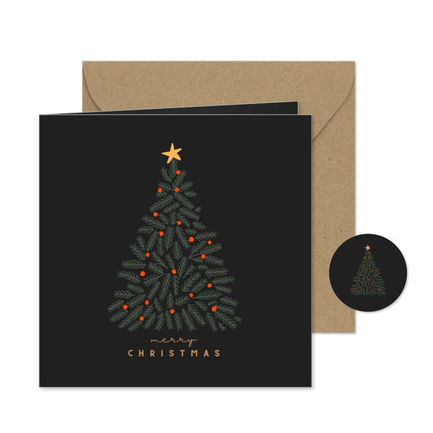 Kerstkaart minimalistische kersttakken oranje ballen donker - Kaartimpressie