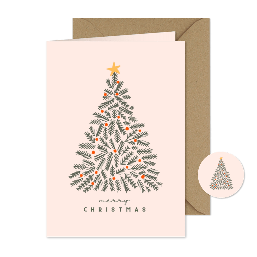 Kerstkaart minimalistische kersttakken oranje ballen - Kaartimpressie