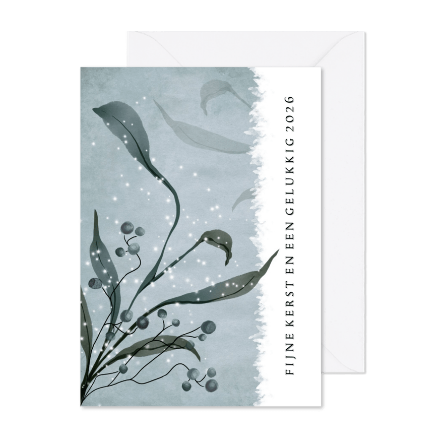 Kerstkaart modern 2025-2026 winters met sterretjes en takje - Kaartimpressie