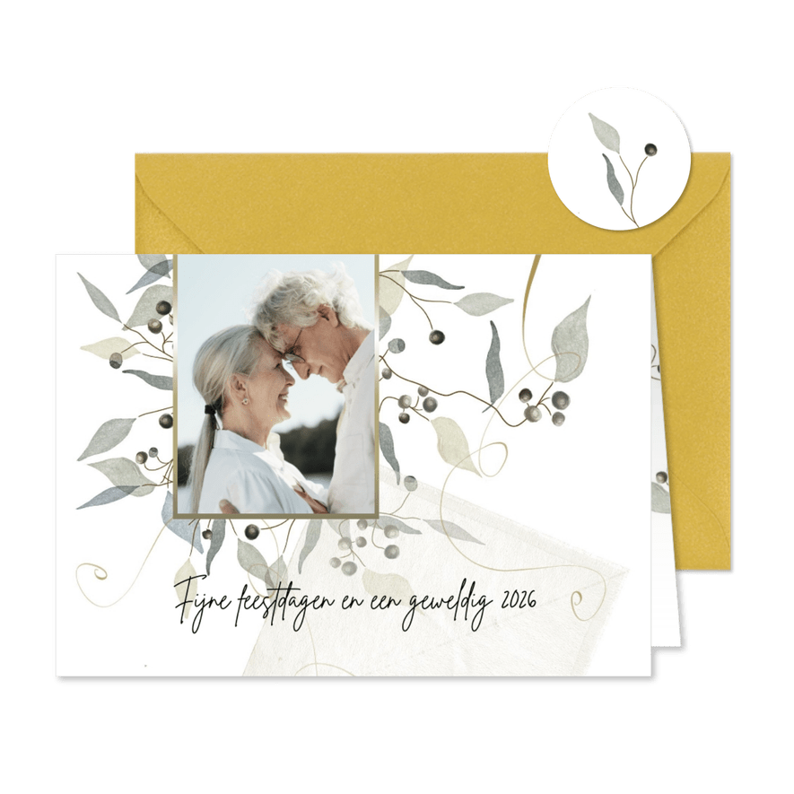 Kerstkaart modern 2026, met foto en takjes - Kaartimpressie