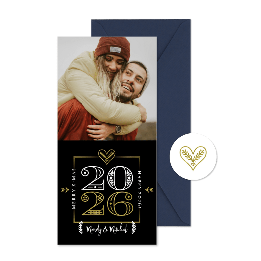 Kerstkaart modern typografisch 2026 hart goud foto - Kaartimpressie