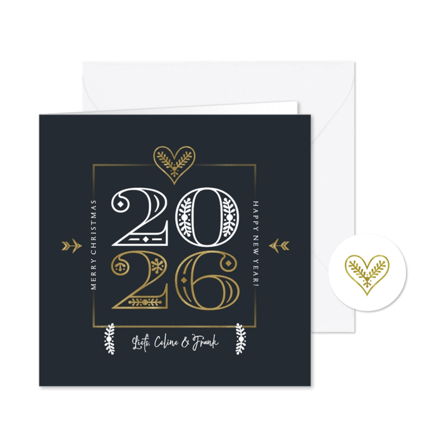 Kerstkaart modern typografisch 2026 retro hartje goud - Kaartimpressie