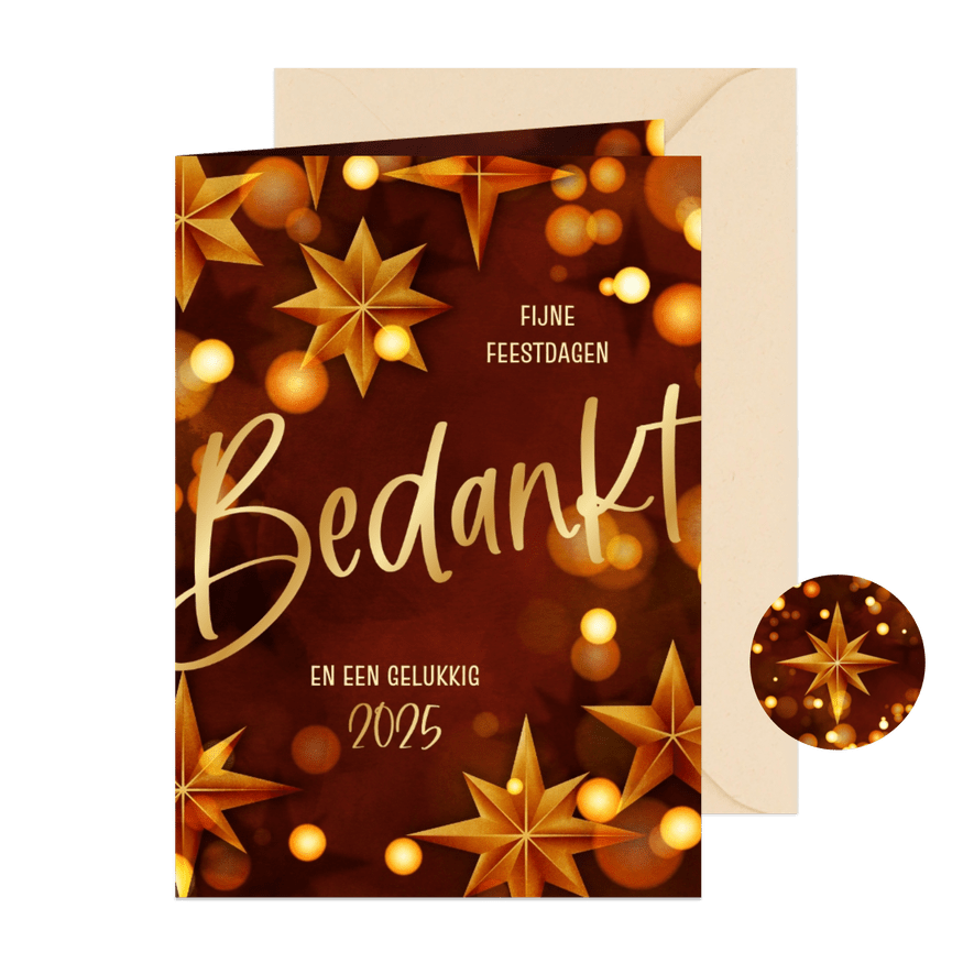 Kerstkaart modern zakelijk bedankt sterren goud rood - Kaartimpressie