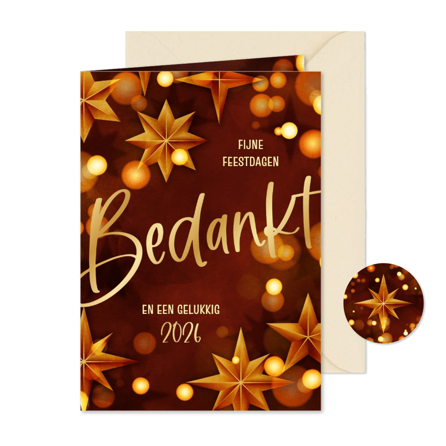 Kerstkaart modern zakelijk bedankt sterren goud rood - Kaartimpressie