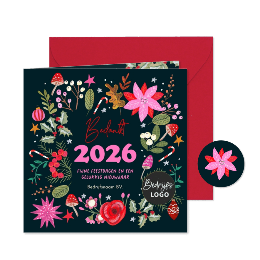 Kerstkaart moderne kerstroos poinsettia modern 2026 - Kaartimpressie