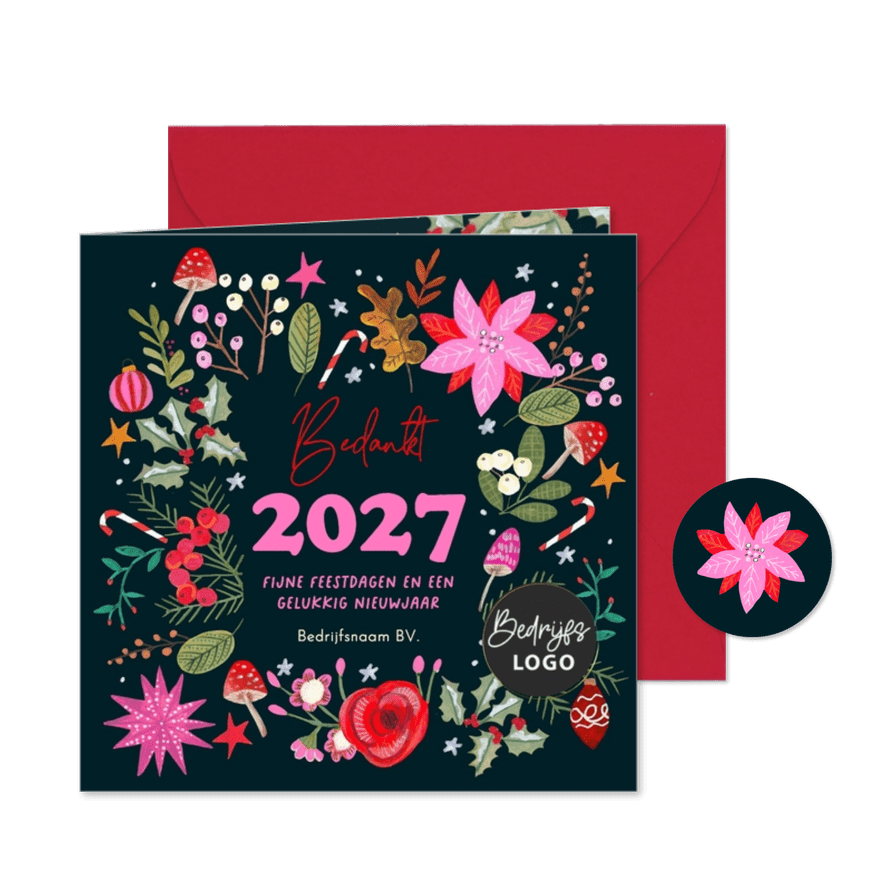 Kerstkaart moderne kerstroos poinsettia modern 2027 - Kaartimpressie