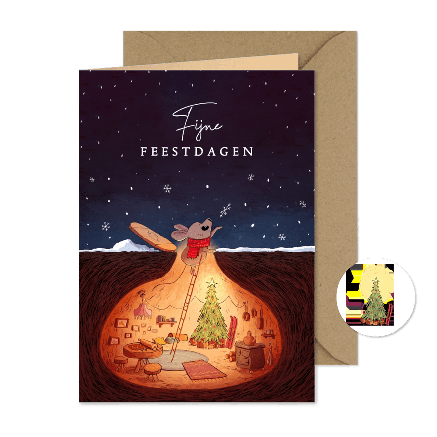 Kerstkaart muisje met sneeuwvlokje - Kaartimpressie