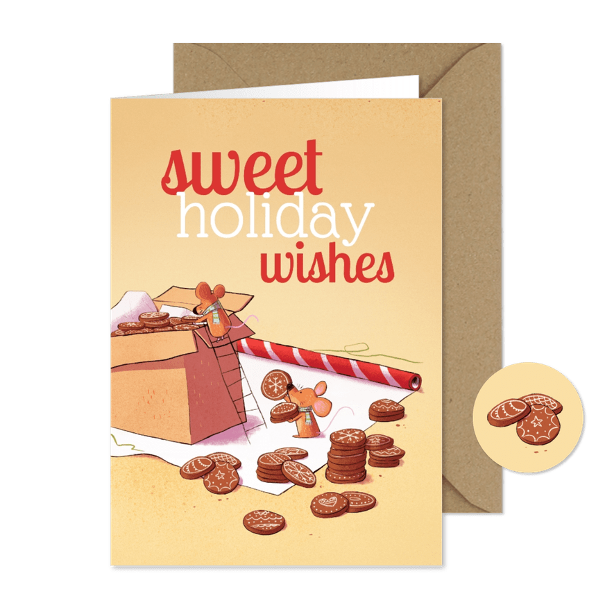 Kerstkaart muisjes die koekjes inpakken - Kaartimpressie