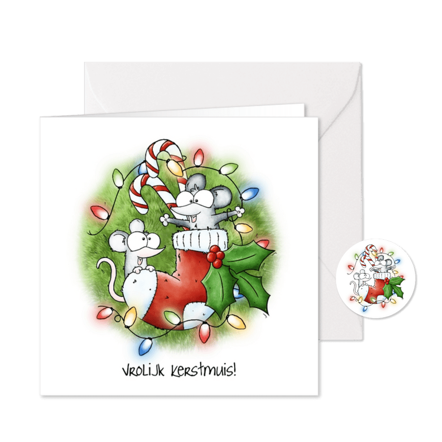 Kerstkaart muizen in sok - Vrolijk Kerstmuis! - Kaartimpressie