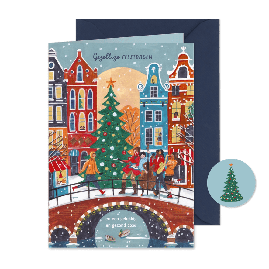 Kerstkaart muziek in de stad Amsterdam in de sneeuw - Kaartimpressie