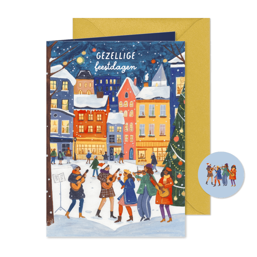 Kerstkaart muziek in de stad in de sneeuw - Kaartimpressie