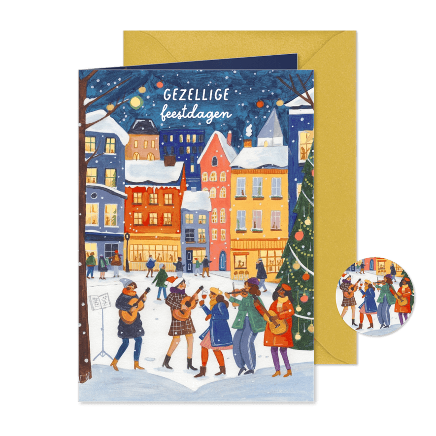 Kerstkaart muziek in de stad in de sneeuw - Kaartimpressie