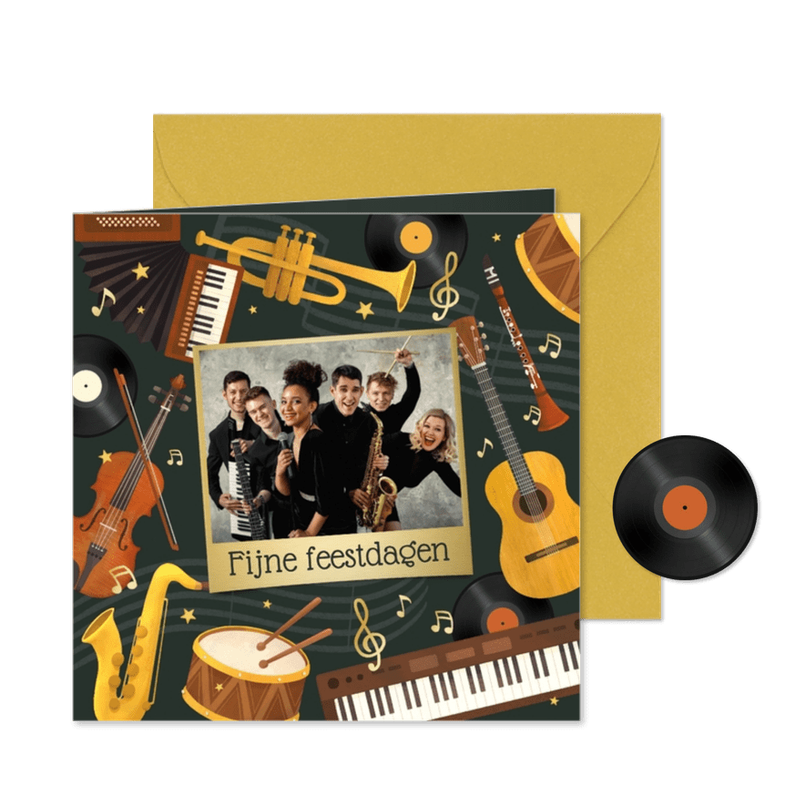 Kerstkaart muziek instrumenten foto goud fijne feestdagen - Kaartimpressie