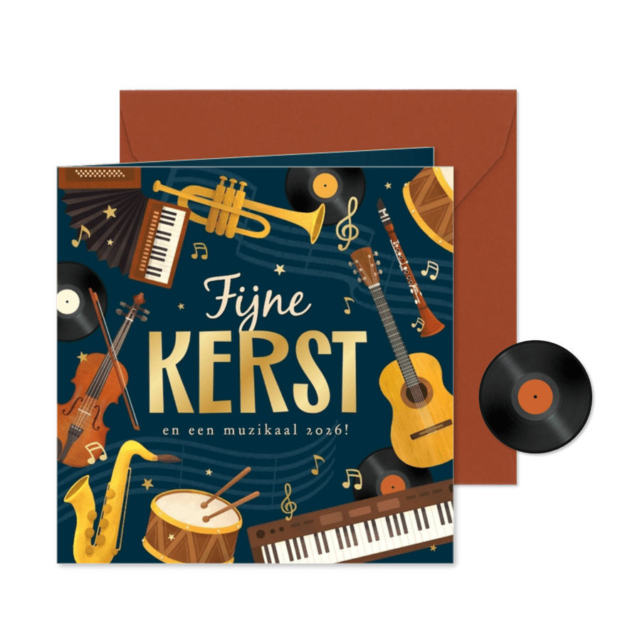 Kerstkaart muziek instrumenten kerst 2026 sterren - Kaartimpressie