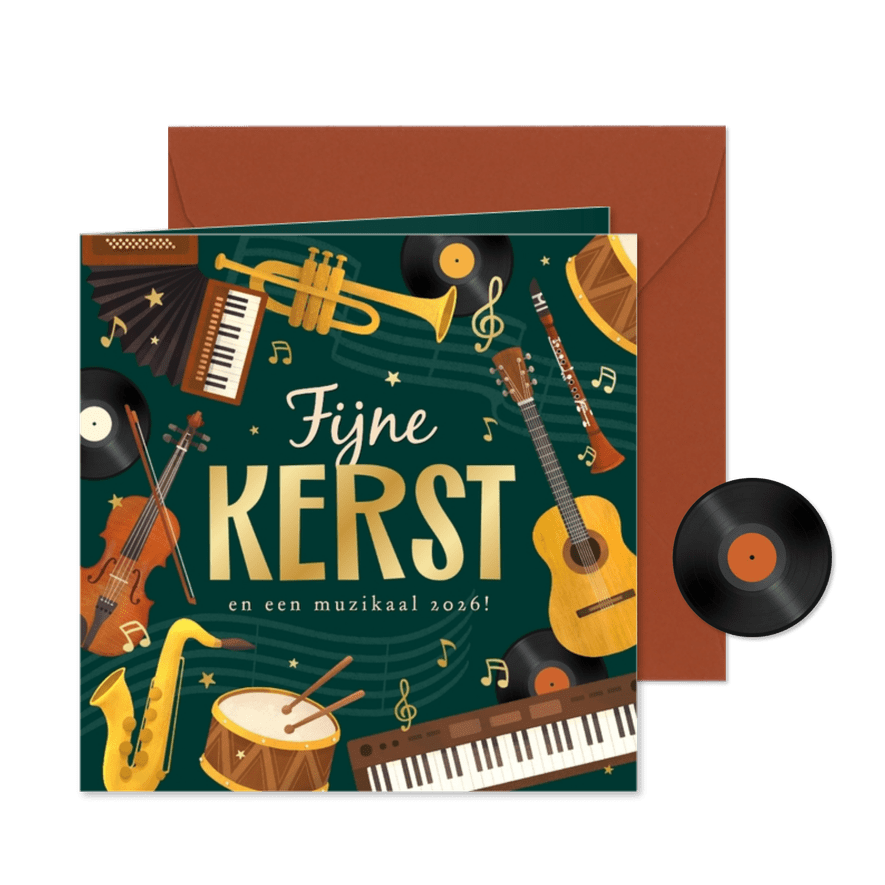 Kerstkaart muziek instrumenten muziekvereniging kerst 2026 - Kaartimpressie