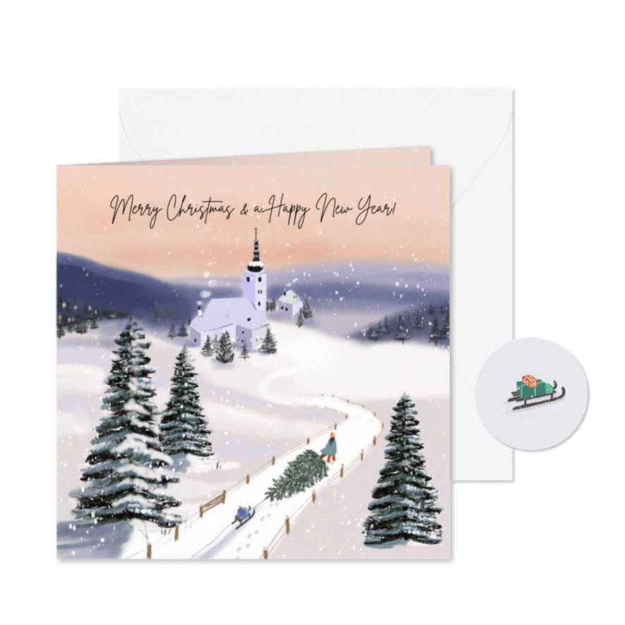 Kerstkaart naar huis met een kerstboom en slee - Kaartimpressie