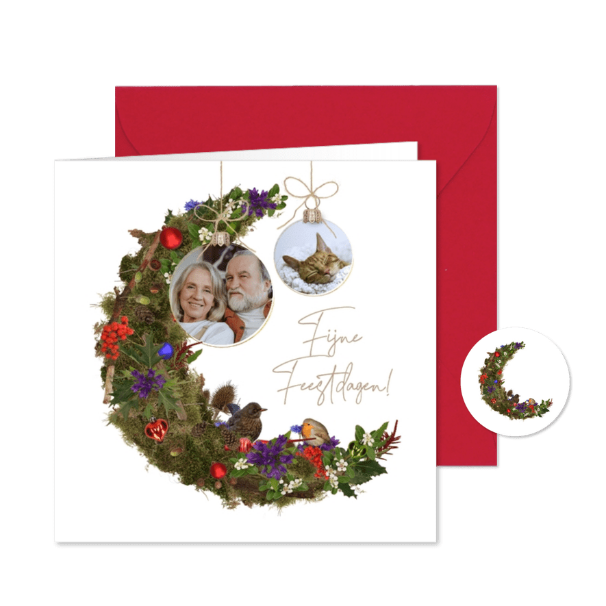 Kerstkaart natuur maan en kerstballen - Kaartimpressie