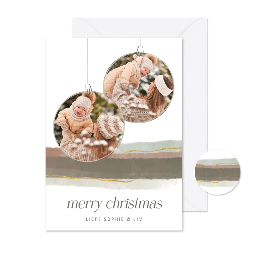 Kerstkaart natuurlijk waterverf twee kerstballen met foto - Kaartimpressie