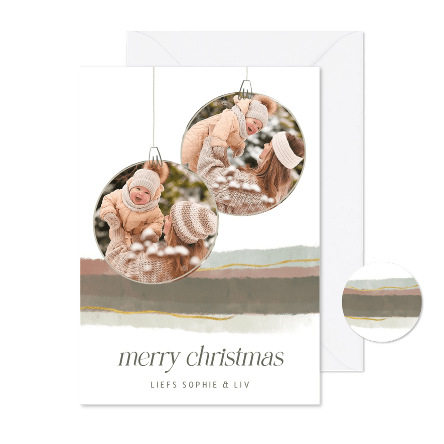 Kerstkaart natuurlijk waterverf twee kerstballen met foto - Kaartimpressie