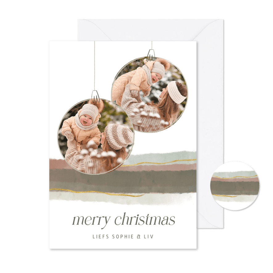 Kerstkaart natuurlijk waterverf twee kerstballen met foto - Kaartimpressie