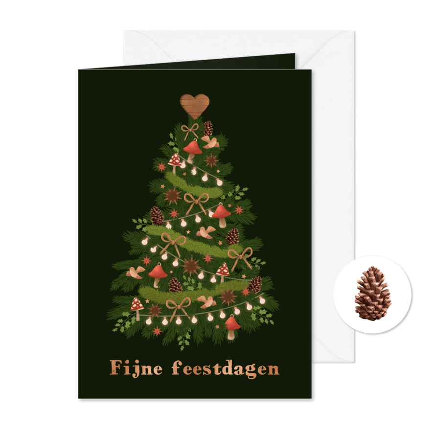 Kerstkaart natuurlijke kerstboom vogels paddestoelen lampjes - Kaartimpressie