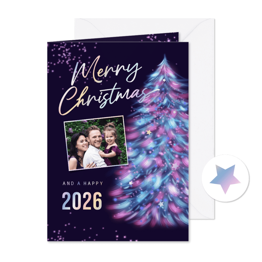Kerstkaart neon holografisch kerstboom sterren foto - Kaartimpressie