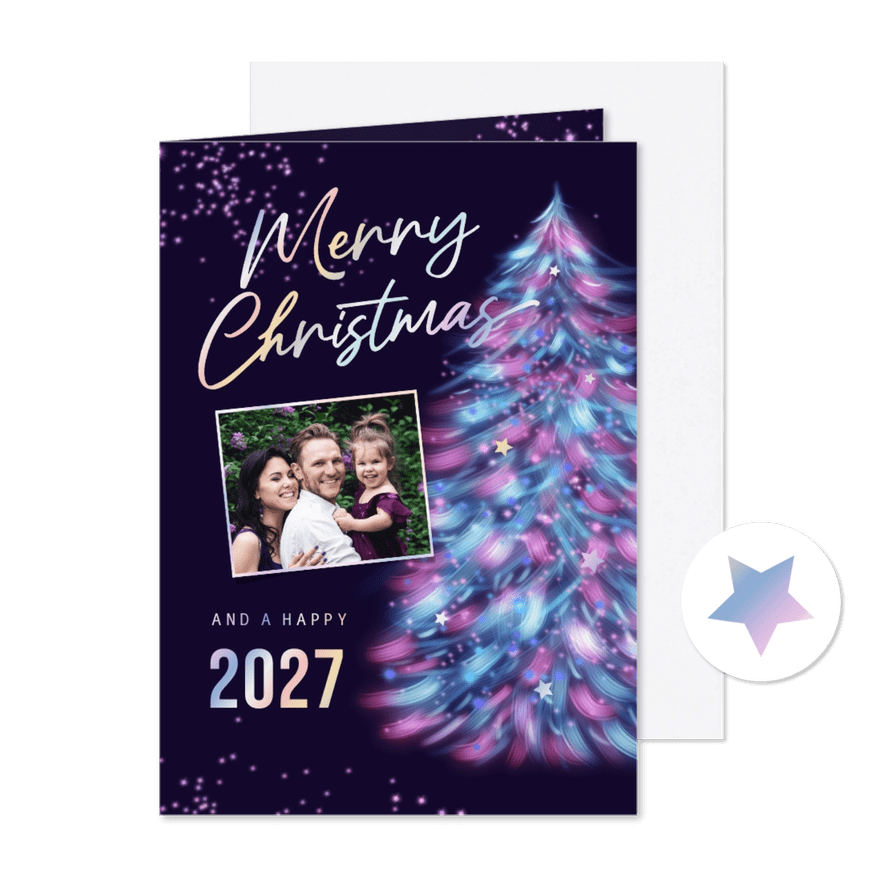 Kerstkaart neon holografisch kerstboom sterren foto - Kaartimpressie