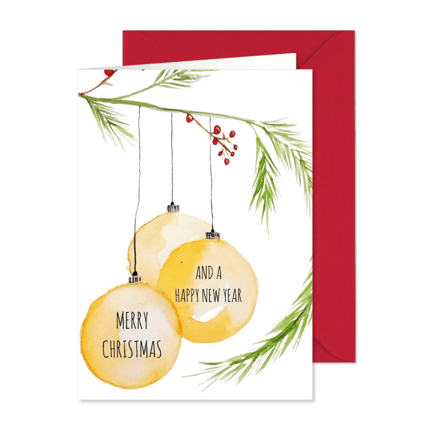 Kerstkaart net 3 gele kerstballen - Kaartimpressie