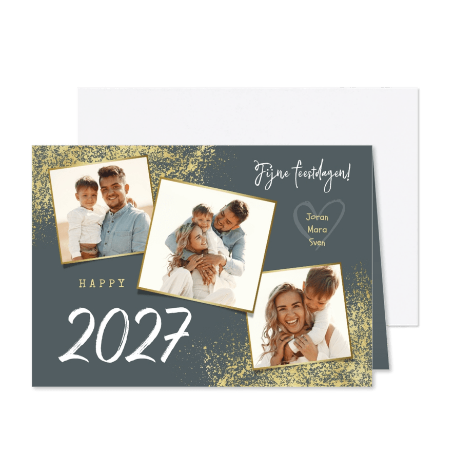 Kerstkaart nieuwjaar fijne feestdagen goud foto's - Kaartimpressie