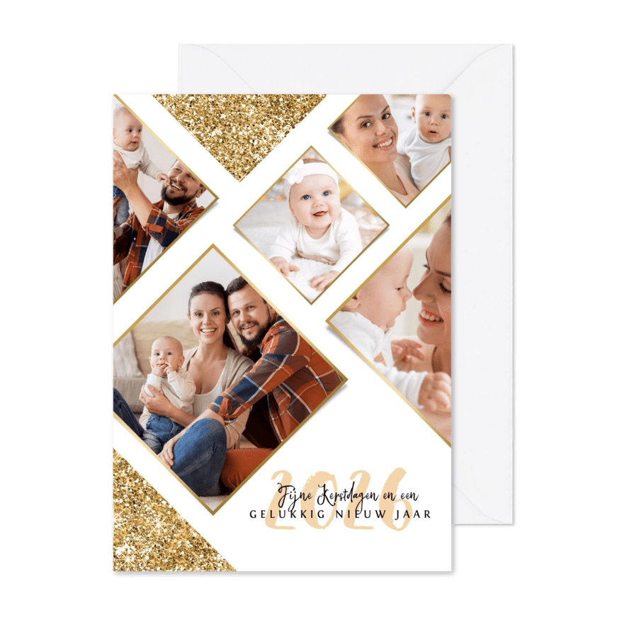 Kerstkaart nieuwjaar goud fotocollage ruitjes - Kaartimpressie