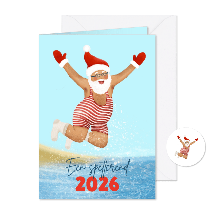 Kerstkaart 'Nieuwjaarsduik' met Kerstman - Kaartimpressie
