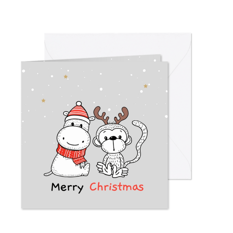 Kerstkaart - Nijlpaard en aapje met kerstmuts - Kaartimpressie